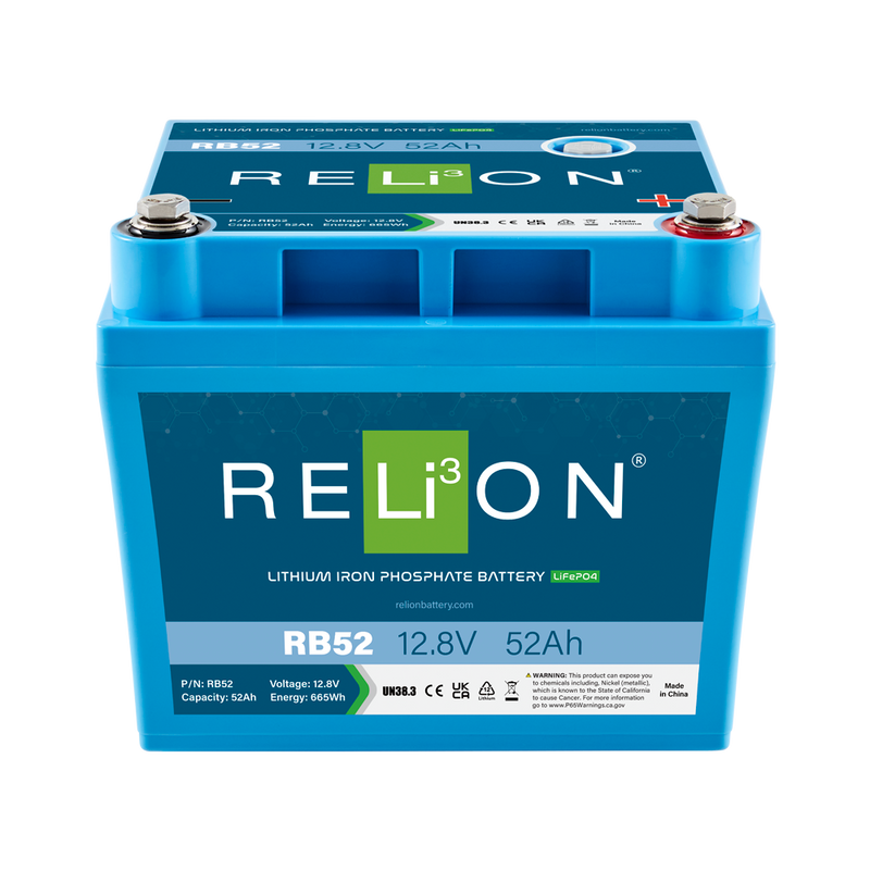 Shop RELiON RB52 12V 52Ah lithium battery at Crabzz. Reliable and high-capacity, with delivery across Ontario and Canada. Buy now!